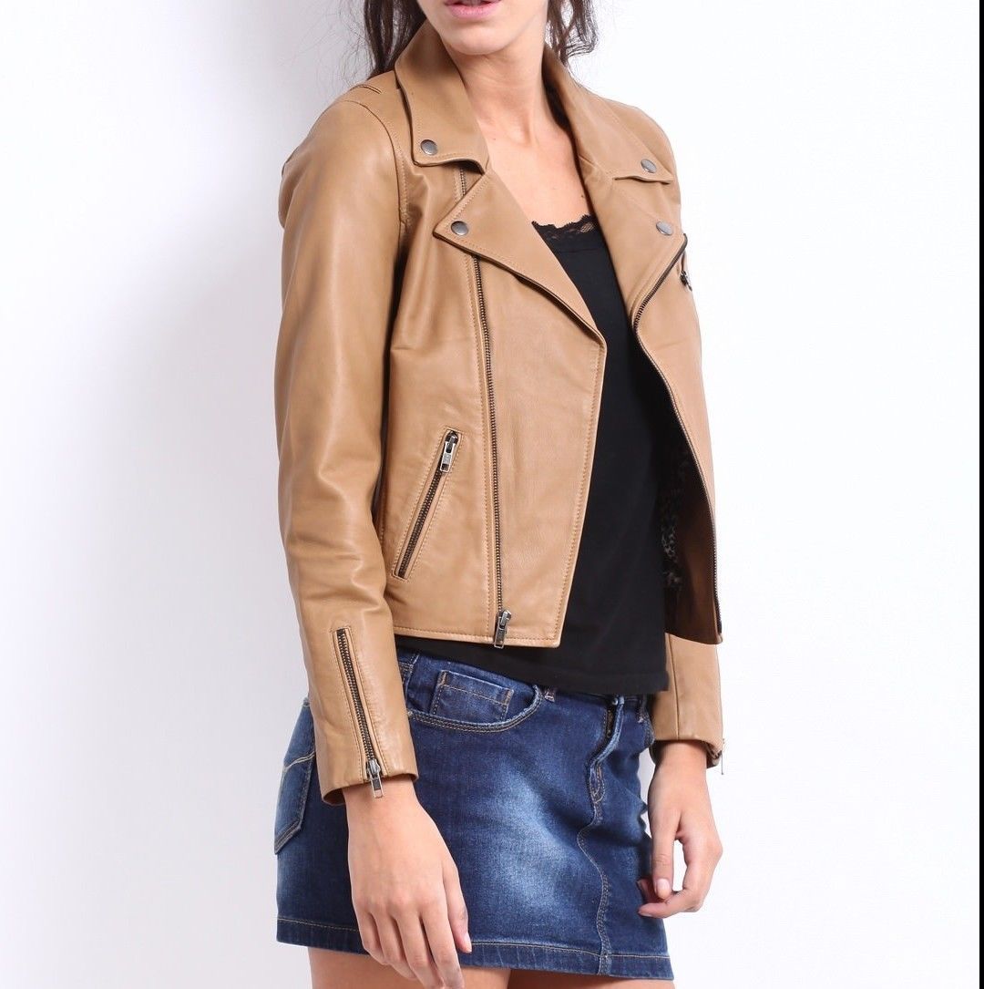 Women Real Lambskin Leather Biker Jacket KW043 featuring high-quality leather, satin lining, and stylish design with multiple pockets.