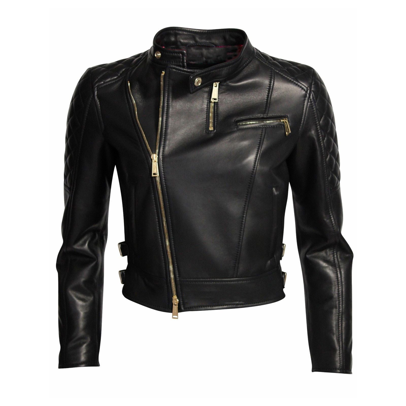 Women Real Lambskin Leather Biker Jacket KW052 with satin lining and YKK zipper, showcasing its stylish design and multiple pockets.