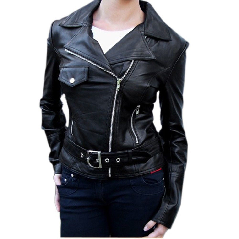 Women Real Lambskin Leather Biker Jacket KW054 featuring high-quality leather, satin lining, and stylish design with multiple pockets.