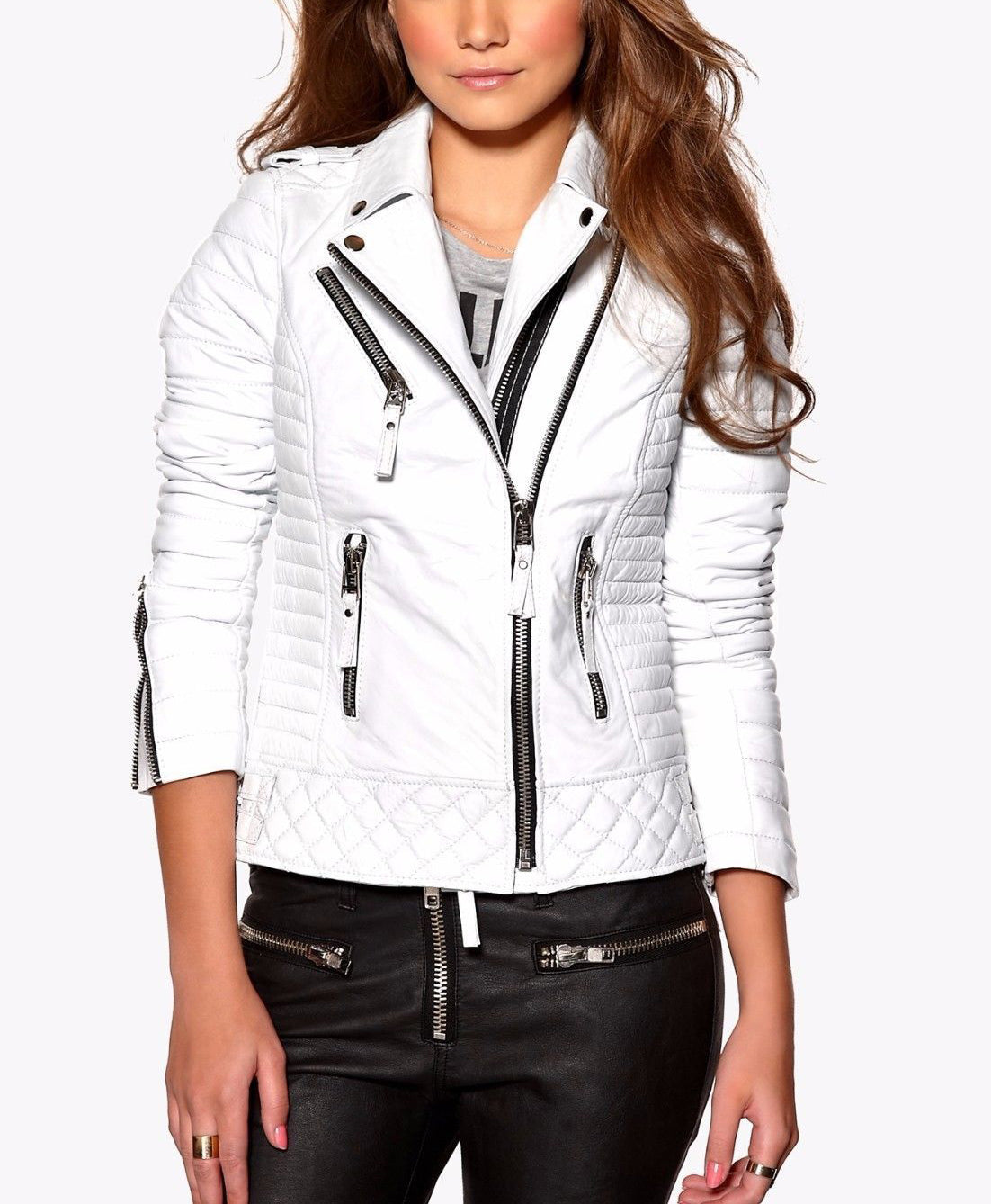 Women Real Lambskin Leather Biker Jacket KW060 featuring high-quality leather, satin lining, and stylish design with pockets.