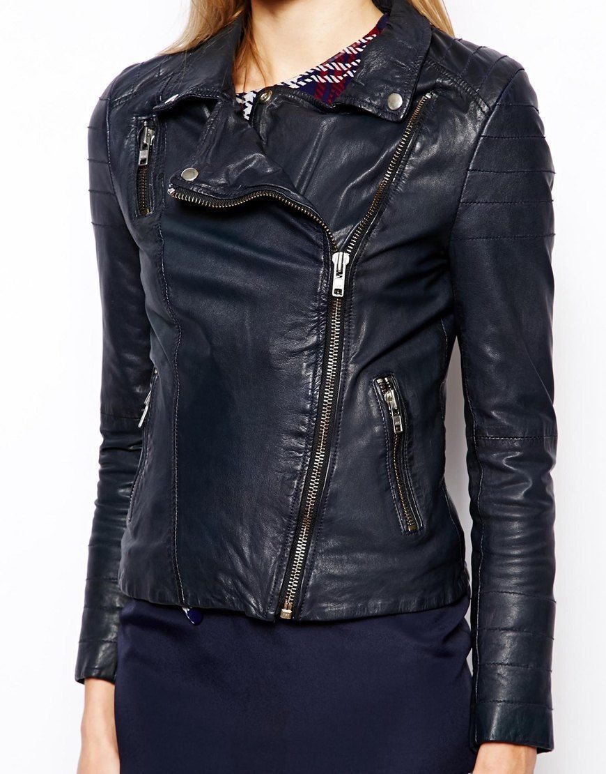 Women Real Lambskin Leather Biker Jacket KW064 featuring high-quality leather, satin lining, and stylish design with pockets.