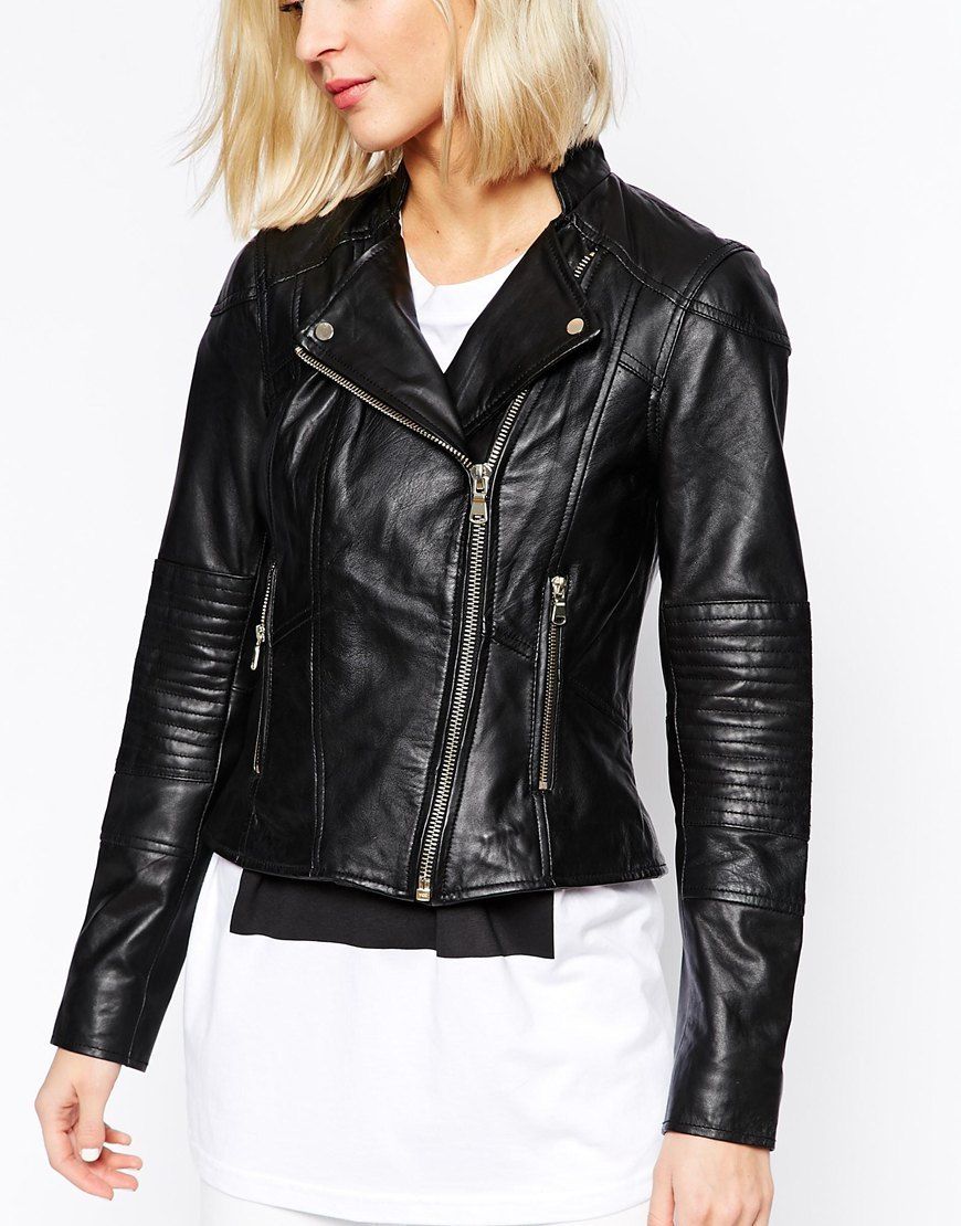 Women Real Lambskin Leather Biker Jacket KW065 featuring high-quality leather, satin lining, and stylish design with pockets.