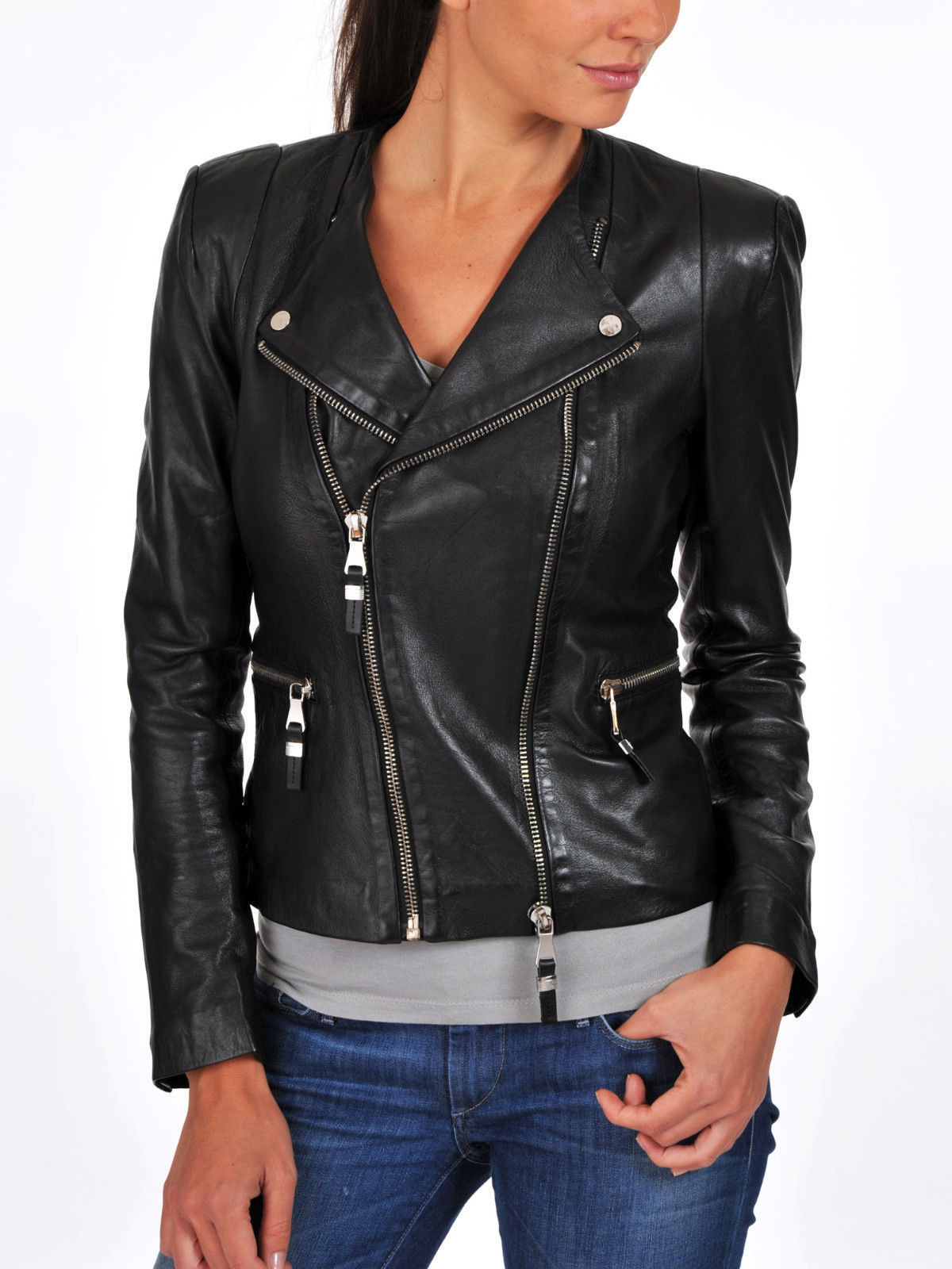 Women Real Lambskin Leather Biker Jacket KW079 featuring high-quality leather, satin lining, and stylish design with pockets.