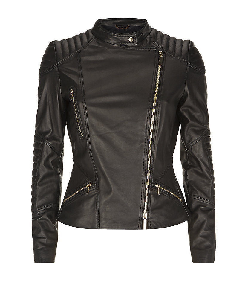 Women Real Lambskin Leather Biker Jacket KW080 featuring high-quality leather, satin lining, and stylish biker design.