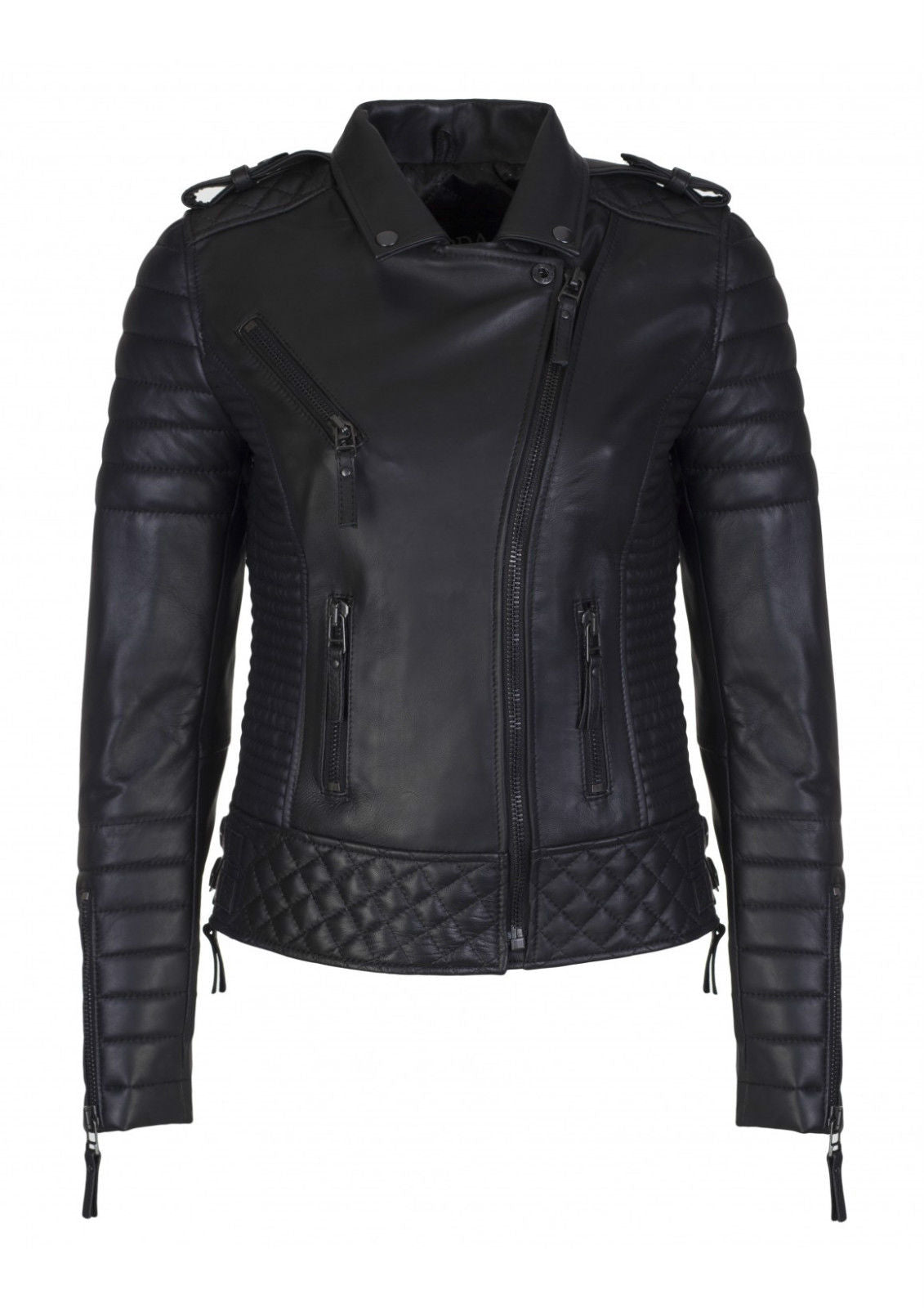 Women Real Lambskin Leather Biker Jacket KW085 featuring high-quality leather, satin lining, and stylish biker design.