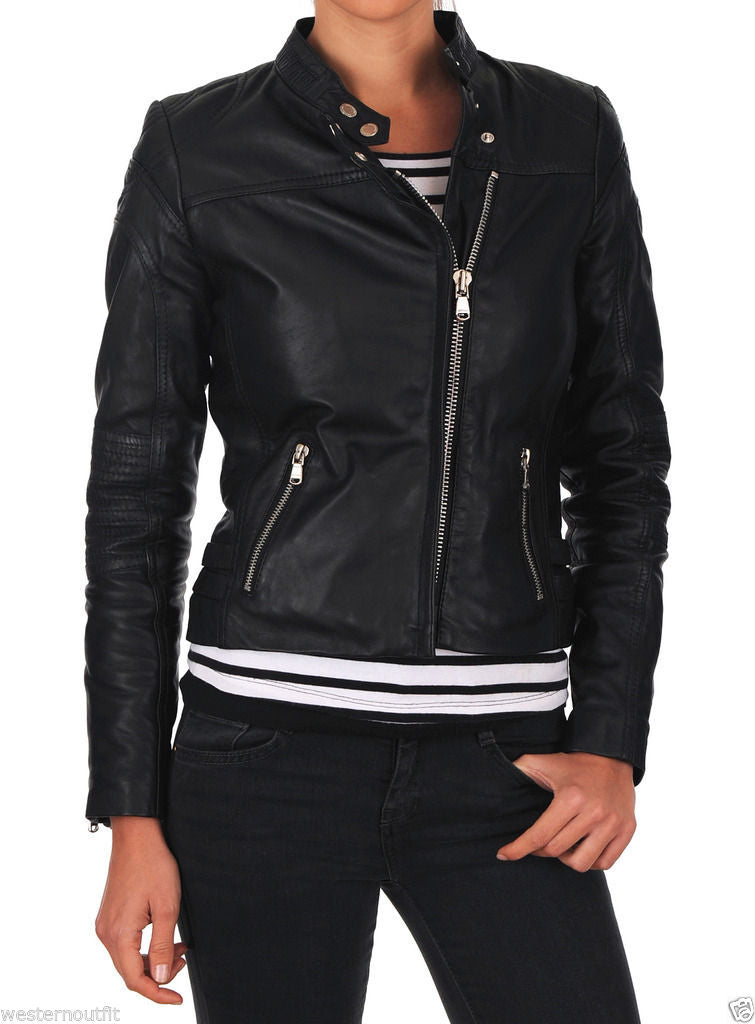 Women Real Lambskin Leather Biker Jacket KW086 featuring high-quality leather, satin lining, and stylish design with pockets.