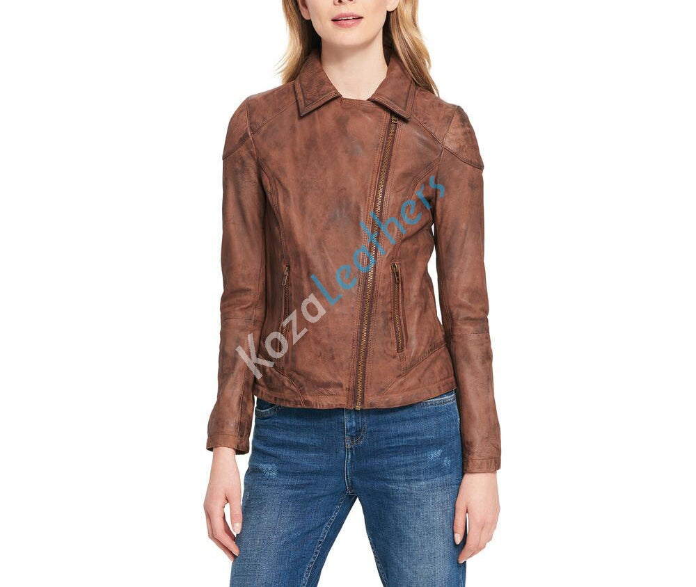 Women Real Lambskin Leather Biker Jacket KW101 featuring high-quality leather, satin lining, and stylish motorcycle design.