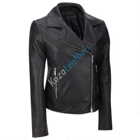 Women Real Lambskin Leather Biker Jacket KW104 featuring high-quality leather, YKK zipper, and satin lining for comfort.