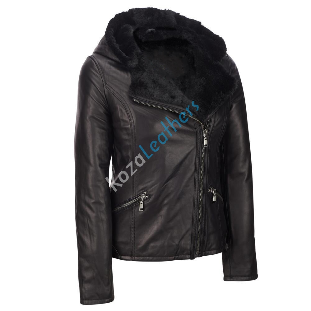 Women Real Lambskin Leather Biker Jacket KW106 featuring high-quality leather, satin lining, and stylish design with pockets.