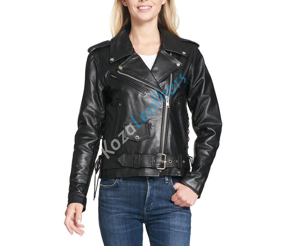 Women Real Lambskin Leather Biker Jacket KW107 featuring high-quality leather, YKK zipper, and satin lining for comfort.