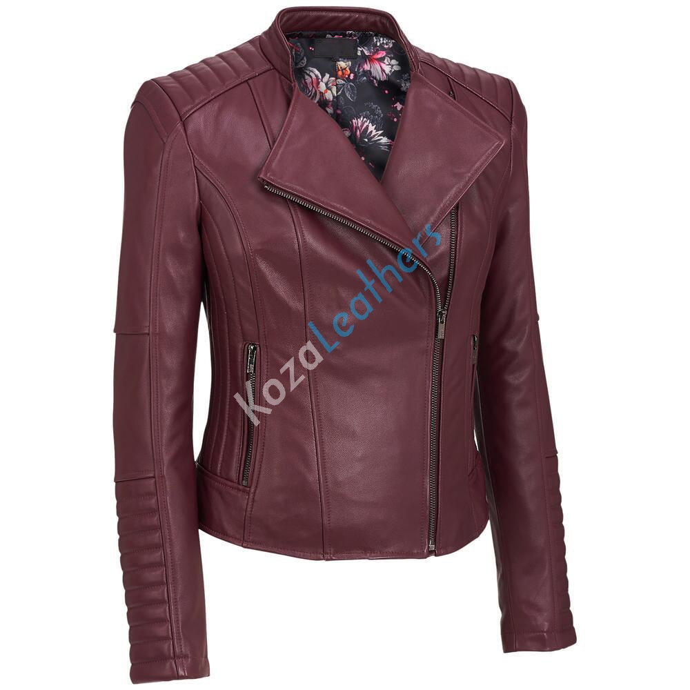 Women Real Lambskin Leather Biker Jacket KW120 featuring high-quality leather, YKK zipper, and satin lining, perfect for stylish motorcycle rides.