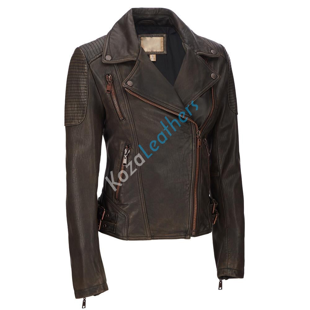 Women Real Lambskin Leather Biker Jacket KW128 featuring high-quality leather, stylish design, and satin lining for comfort.