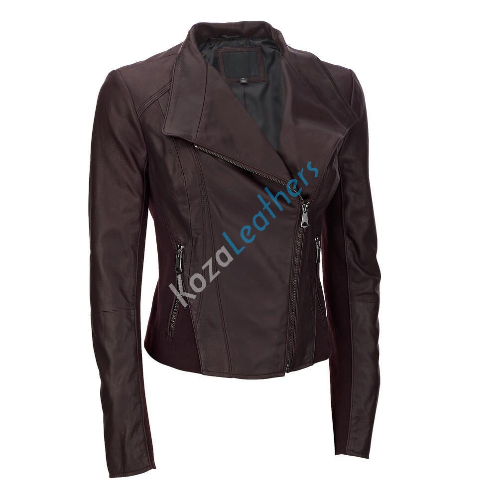 Women Real Lambskin Leather Biker Jacket KW130 featuring high-quality leather, satin lining, and stylish design with pockets.