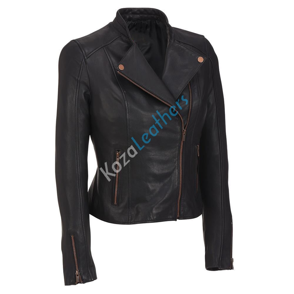 Women Real Lambskin Leather Biker Jacket KW140 featuring high-quality leather, YKK zipper, and satin lining for comfort.