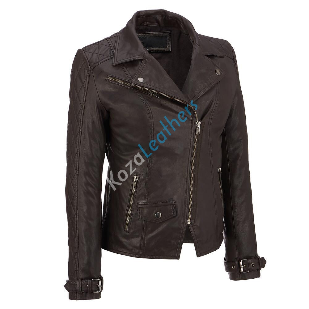 Women Real Lambskin Leather Biker Jacket KW141 featuring high-quality leather, satin lining, and stylish design with multiple pockets.