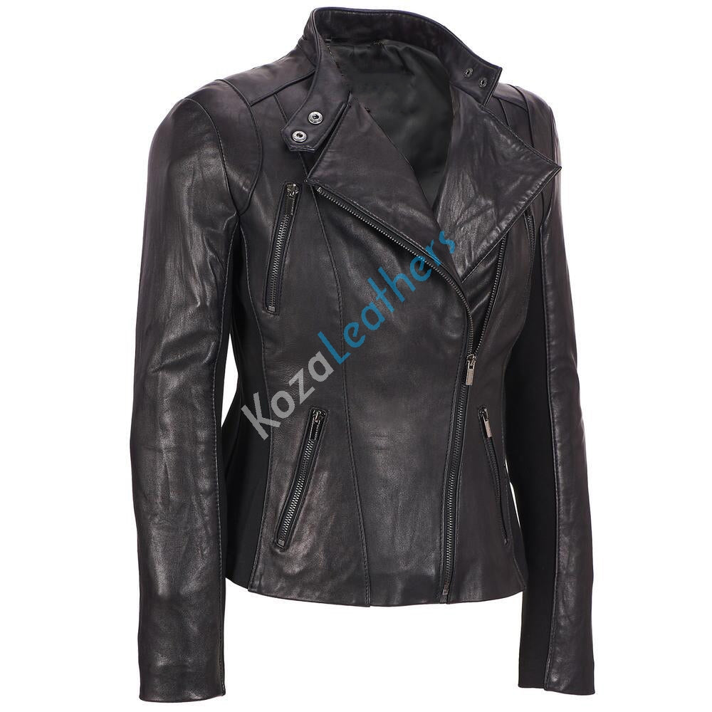 Women Real Lambskin Leather Biker Jacket KW148 with satin lining and YKK zipper, showcasing its stylish design and quality craftsmanship.