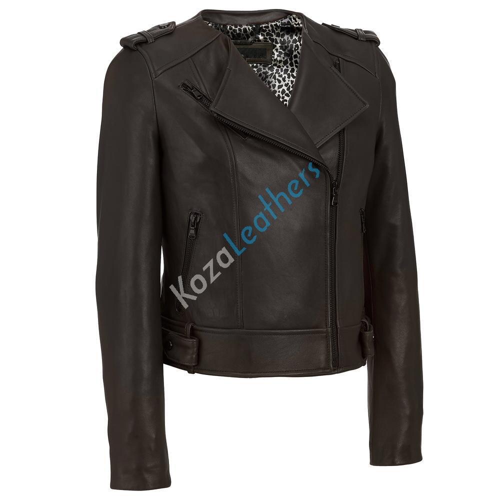 Women Real Lambskin Leather Biker Jacket KW149 featuring high-quality leather, stylish design, and multiple pockets.