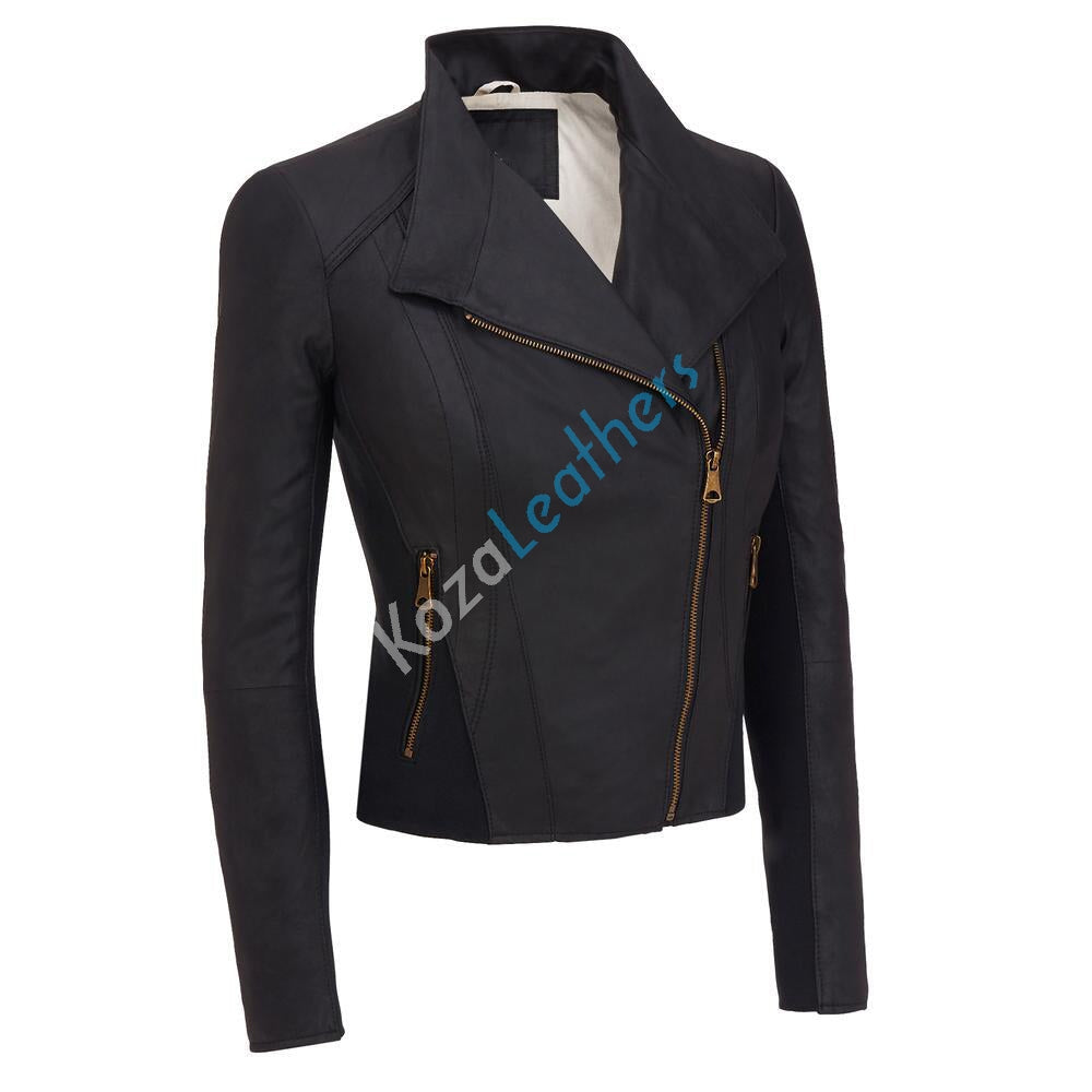 Women Real Lambskin Leather Biker Jacket KW155 featuring high-quality leather, satin lining, and stylish design with pockets.