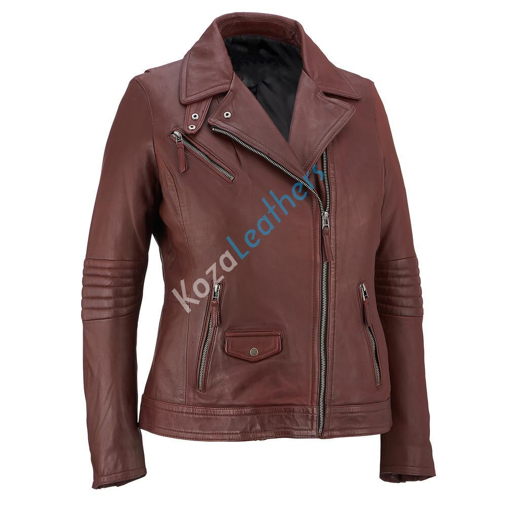 Women Real Lambskin Leather Biker Jacket KW154 featuring high-quality leather, satin lining, and stylish design with pockets.