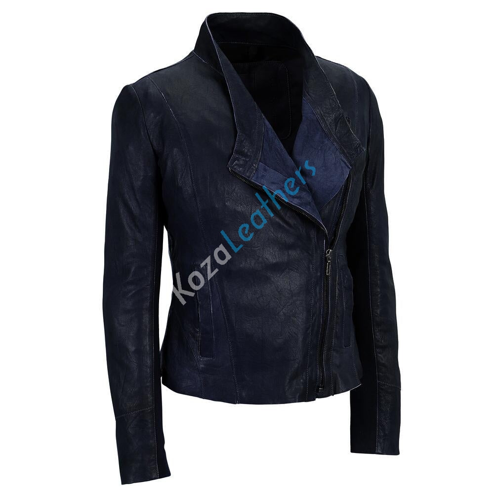 Women Real Lambskin Leather Biker Jacket KW164 featuring high-quality leather, YKK zipper, and satin lining for comfort.