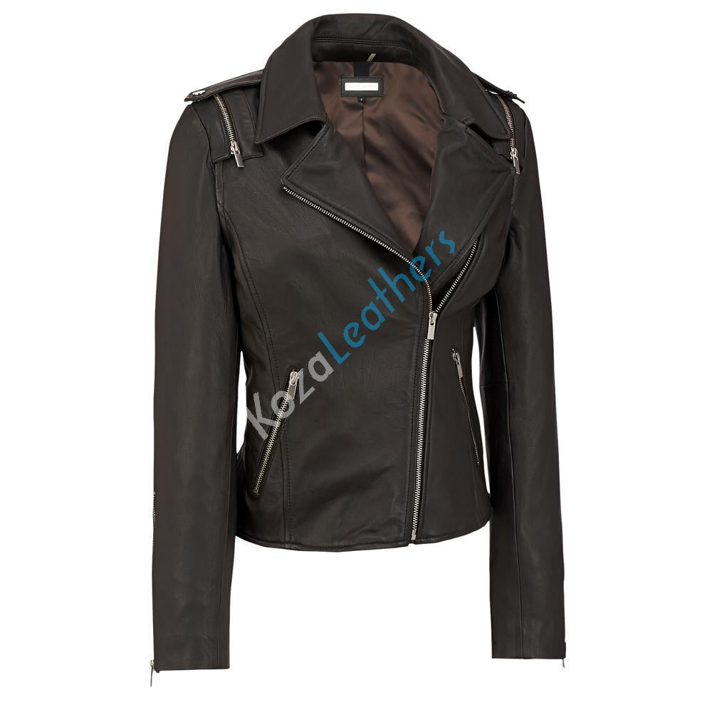 Women Real Lambskin Leather Biker Jacket KW165 featuring high-quality leather, satin lining, and stylish biker design.