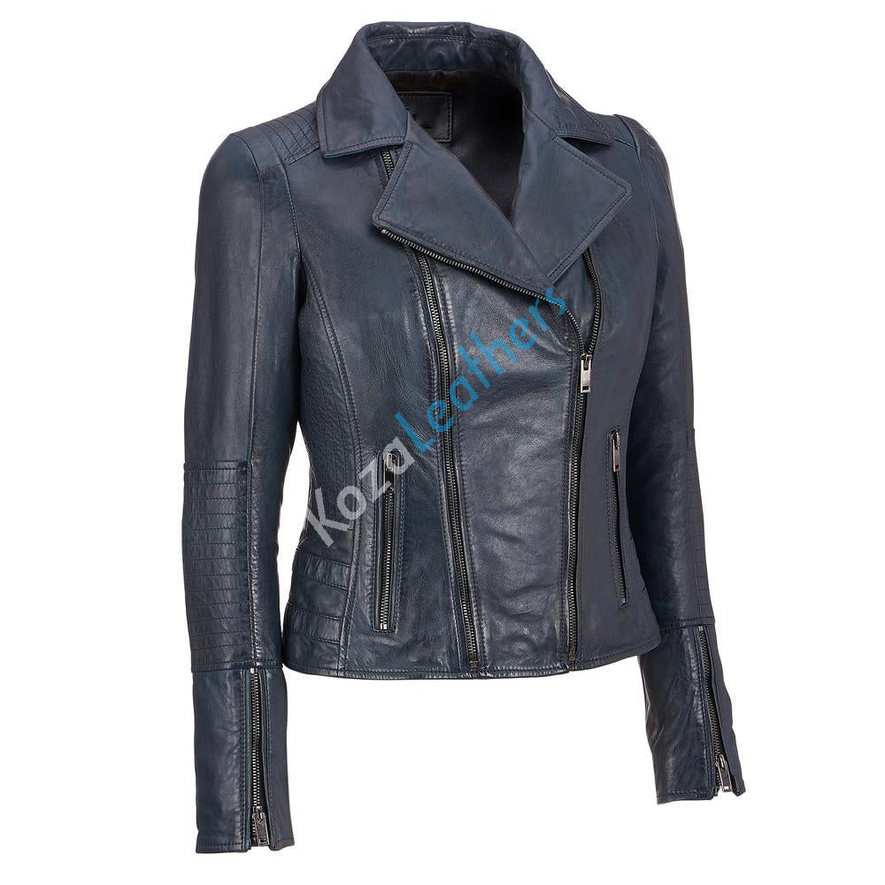 Women Real Lambskin Leather Biker Jacket KW177 featuring high-quality leather, satin lining, and stylish design with multiple pockets.