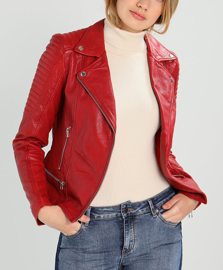 Women Real Lambskin Leather Biker Jacket KW199 featuring high-quality leather, satin lining, and stylish design with multiple pockets.