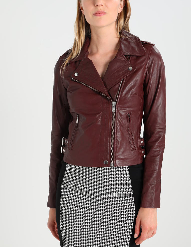 Women Real Lambskin Leather Biker Jacket KW196 featuring high-quality leather, satin lining, and stylish design with pockets.