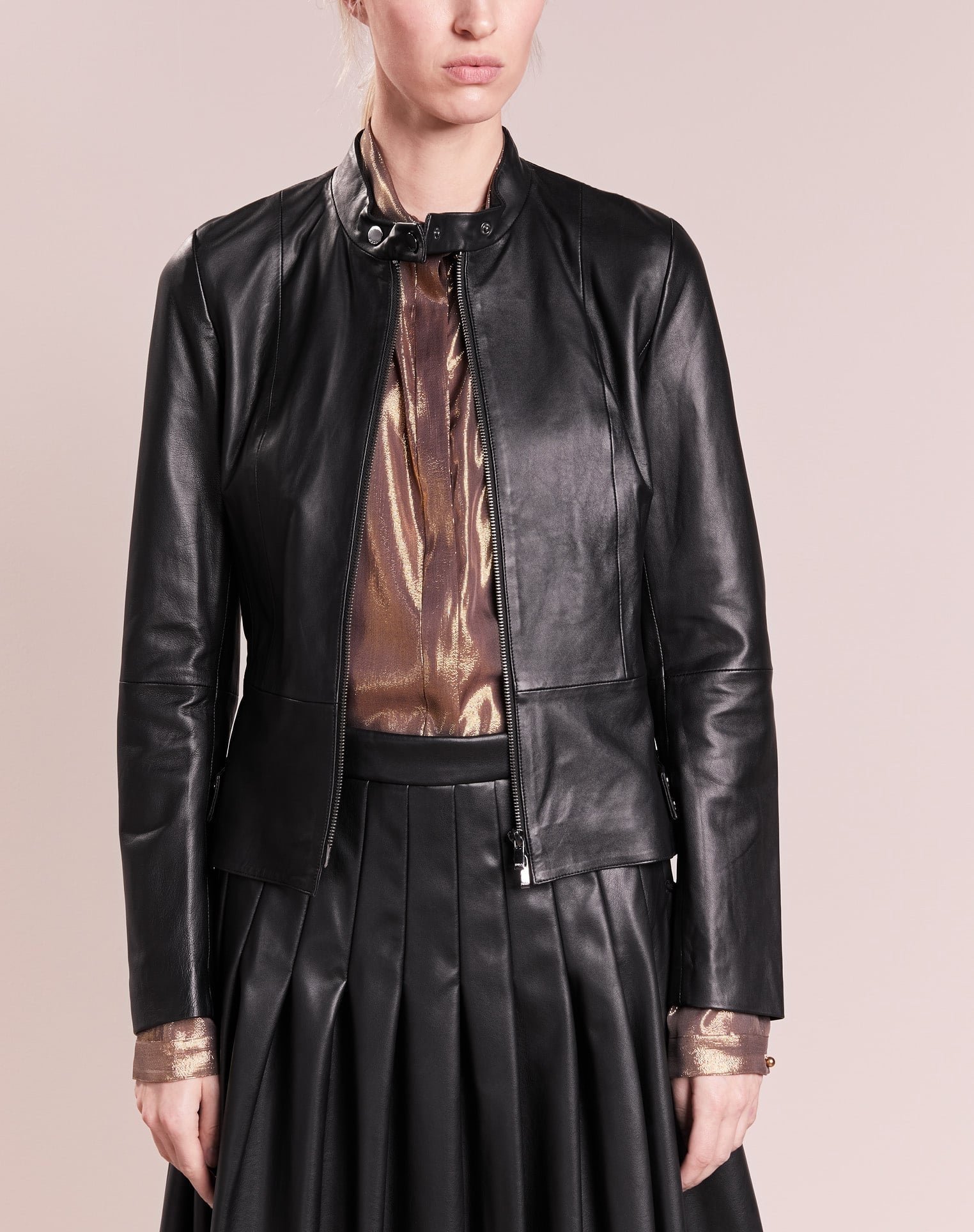 Women Real Lambskin Leather Biker Jacket KW222 featuring high-quality leather, satin lining, and stylish design with pockets.