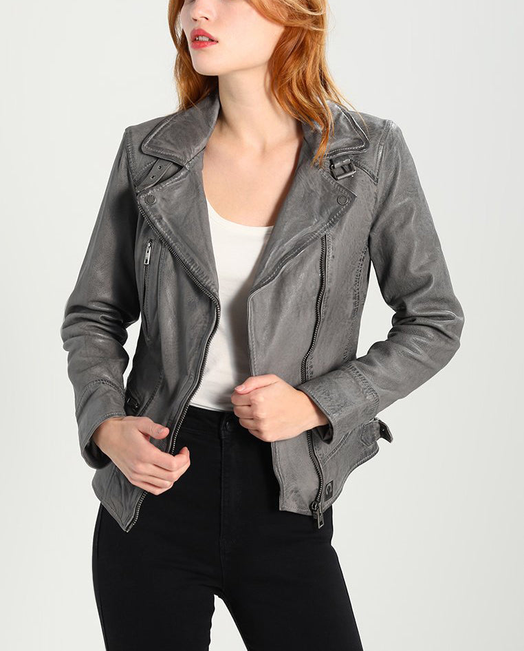 Women Real Lambskin Leather Biker Jacket KW203 featuring high-quality leather, satin lining, and stylish design with pockets.