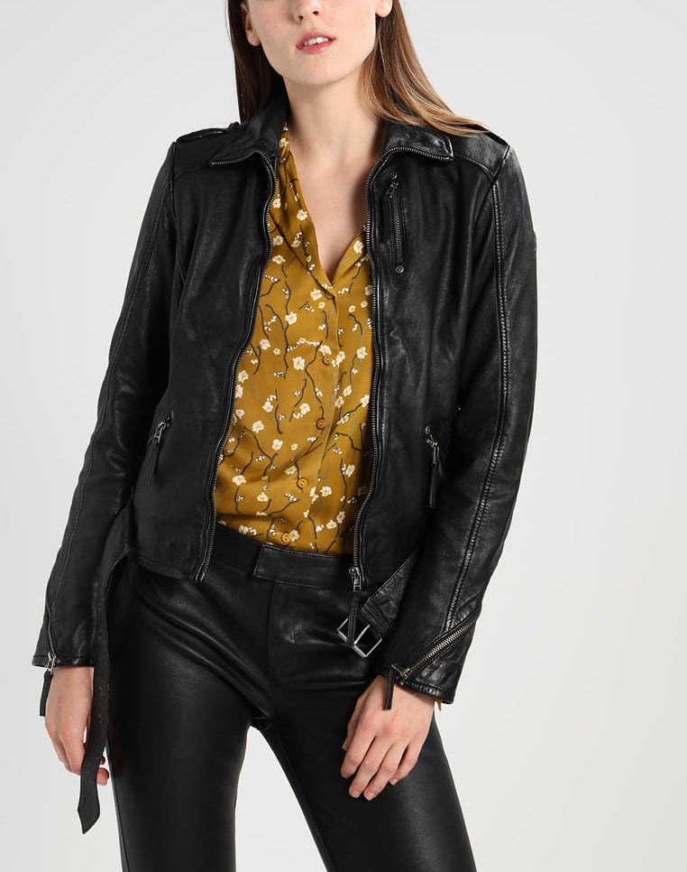 Women Real Lambskin Leather Biker Jacket KW238 featuring high-quality leather, satin lining, and stylish design with pockets.