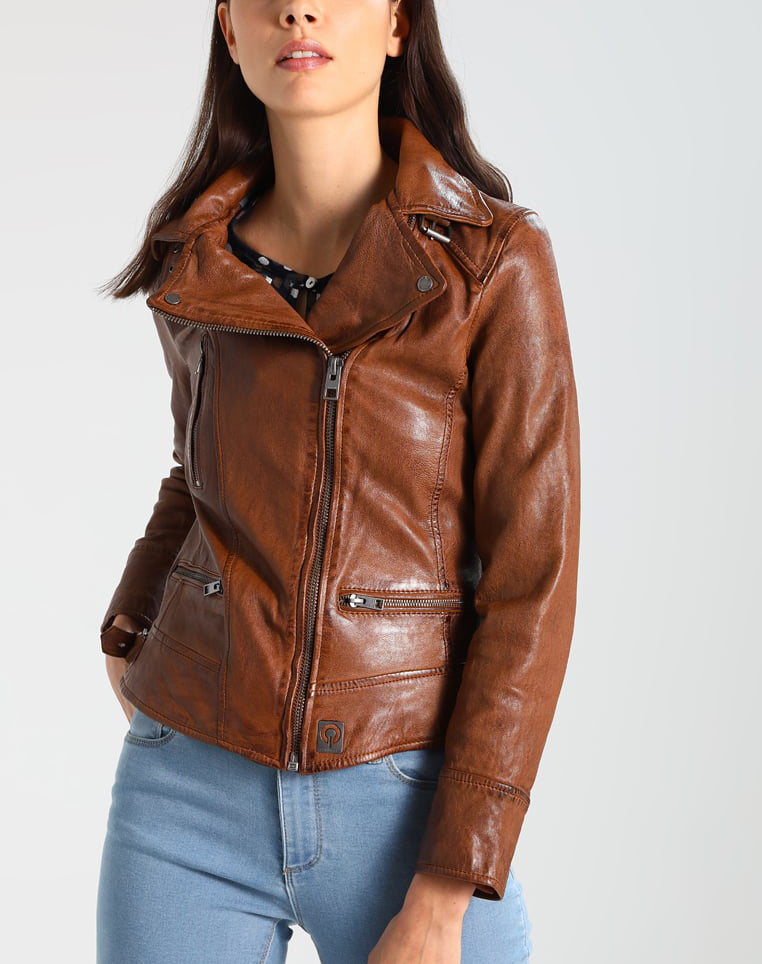 Women Real Lambskin Leather Biker Jacket KW227 featuring high-quality leather, satin lining, and stylish design with multiple pockets.