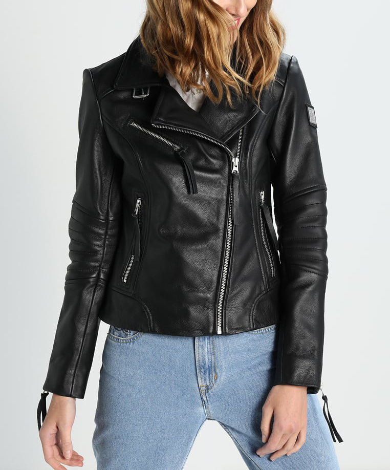 Women Real Lambskin Leather Biker Jacket KW271 featuring high-quality leather, satin lining, and stylish design with pockets.