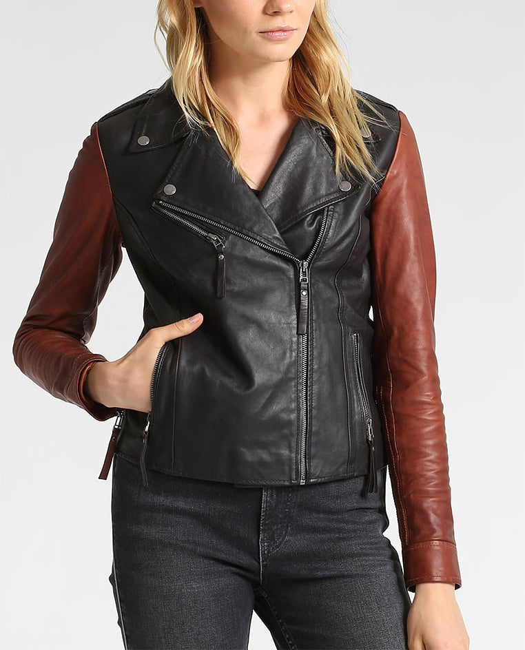 Women Real Lambskin Leather Biker Jacket KW278 featuring a sleek design, satin lining, and YKK zipper, perfect for stylish motorcycle rides.