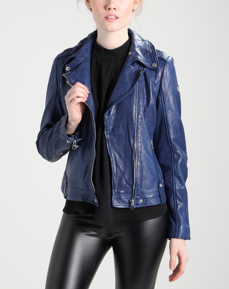 Women Real Lambskin Leather Biker Jacket KW228 featuring high-quality leather, satin lining, and stylish design with multiple pockets.