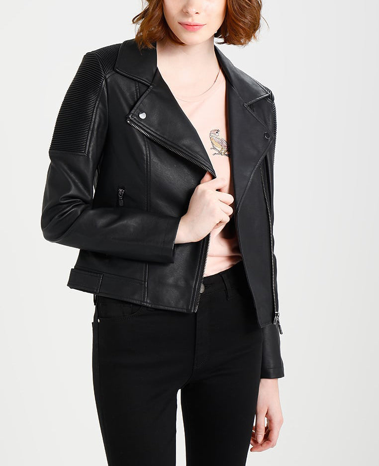 Women Real Lambskin Leather Biker Jacket KW281 featuring high-quality leather, satin lining, and stylish design with pockets.