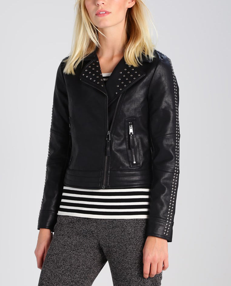 Women Real Lambskin Leather Biker Jacket KW293 featuring high-quality leather, satin lining, and stylish biker design with pockets.