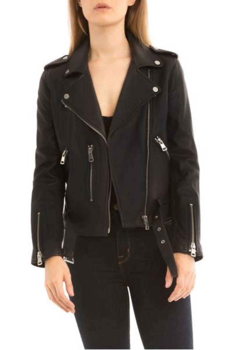 Women Real Lambskin Leather Biker Jacket KW333 featuring high-quality leather, satin lining, and stylish design with pockets.