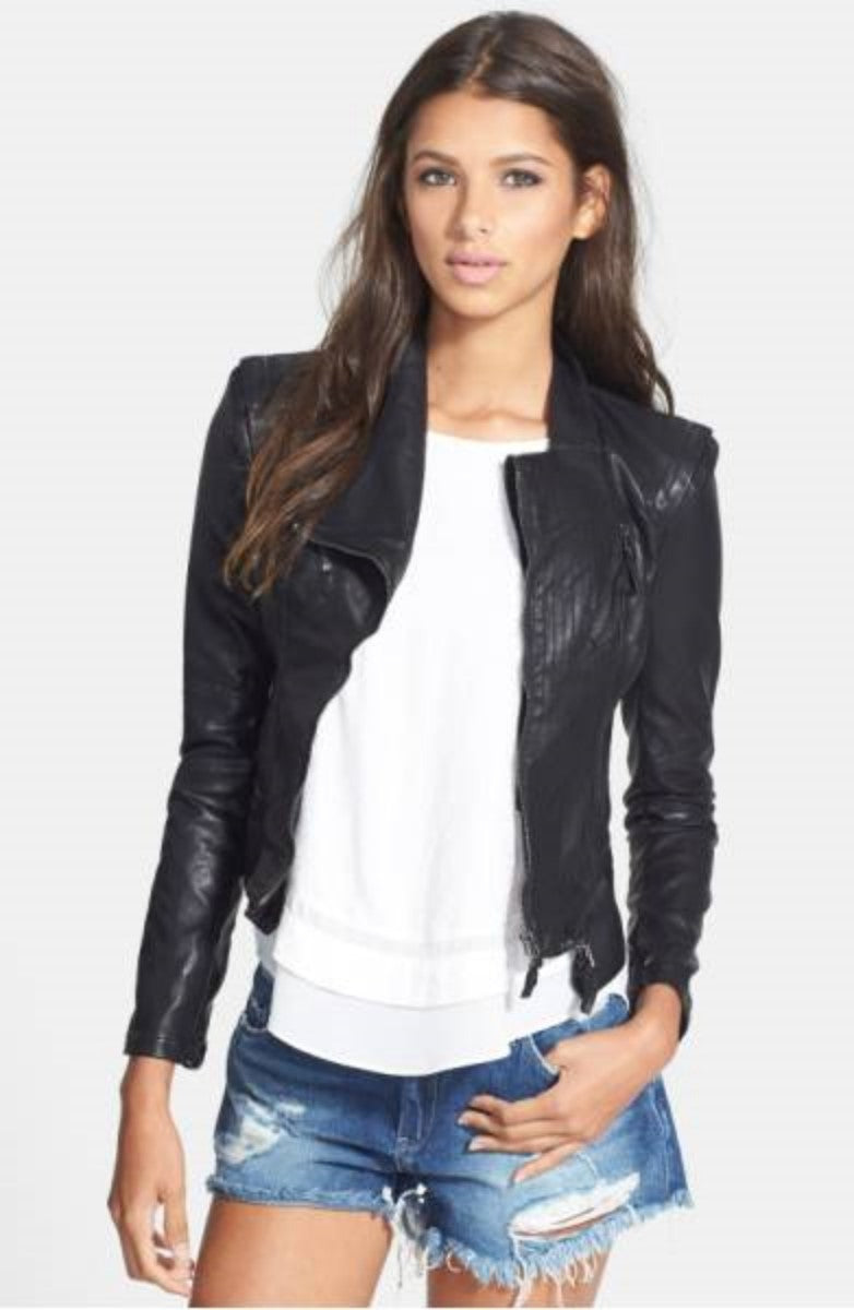 Women Real Lambskin Leather Biker Jacket KW311 featuring high-quality leather, YKK zipper, and stylish design with satin lining.