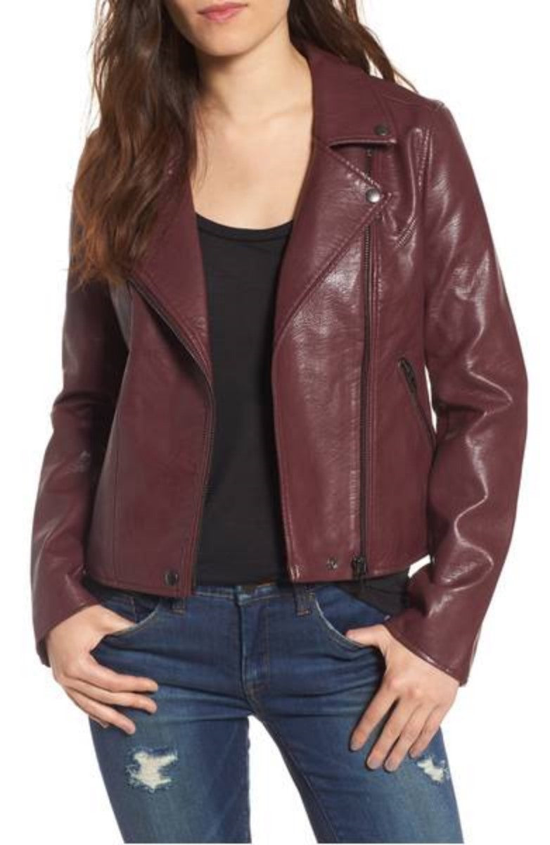 Women Real Lambskin Leather Biker Jacket KW312 featuring high-quality leather, satin lining, and stylish design with pockets.