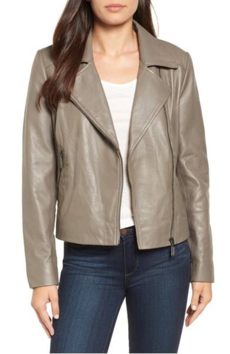 Women Real Lambskin Leather Biker Jacket KW315 featuring high-quality leather, satin lining, and stylish design with pockets.