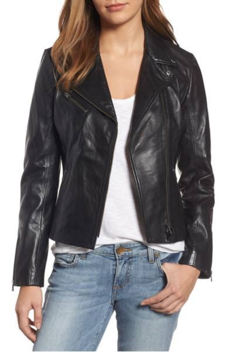 Women Real Lambskin Leather Biker Jacket KW322 featuring high-quality leather, satin lining, and stylish design with pockets.