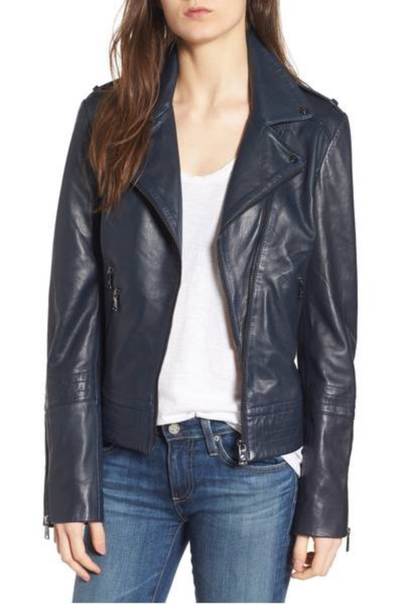 Women Real Lambskin Leather Biker Jacket KW324 featuring high-quality leather, satin lining, and stylish design with pockets.