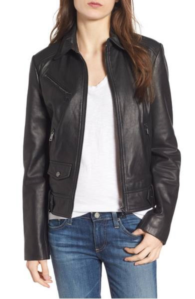 Women Real Lambskin Leather Biker Jacket KW325 featuring high-quality leather, satin lining, and stylish design with multiple pockets.