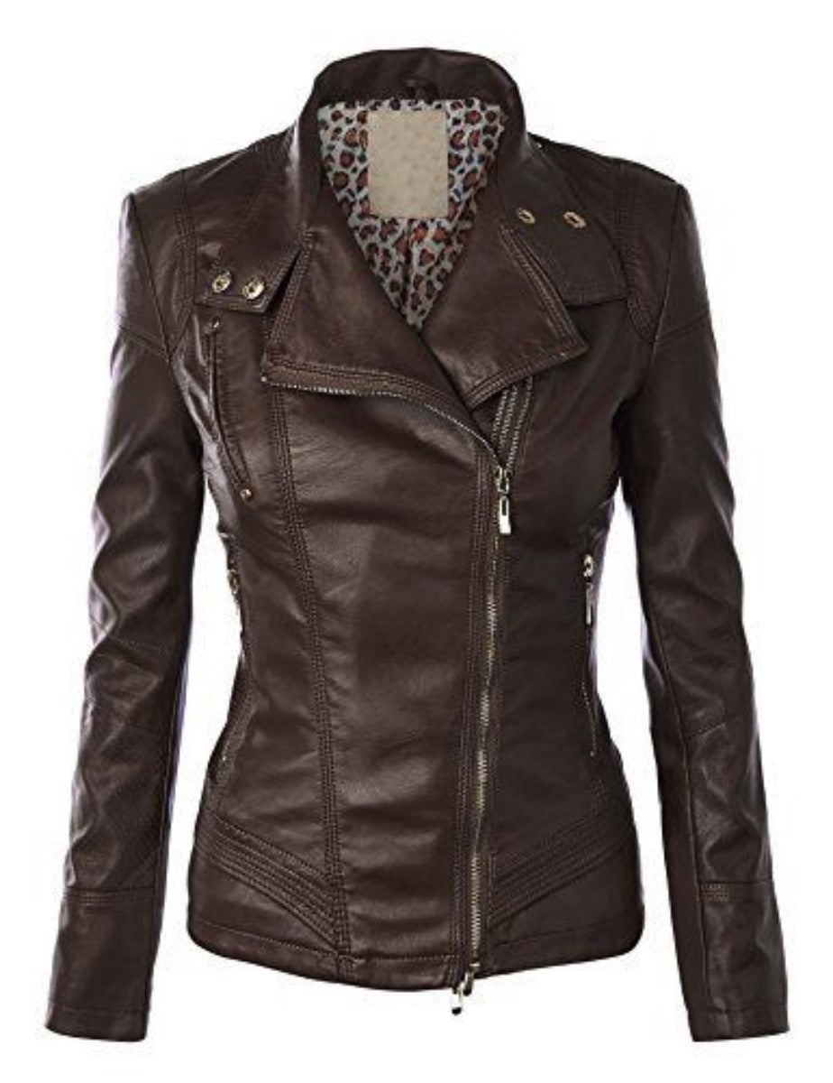 Women Real Lambskin Leather Biker Jacket KW346 featuring high-quality leather, YKK zipper, and stylish design with multiple pockets.