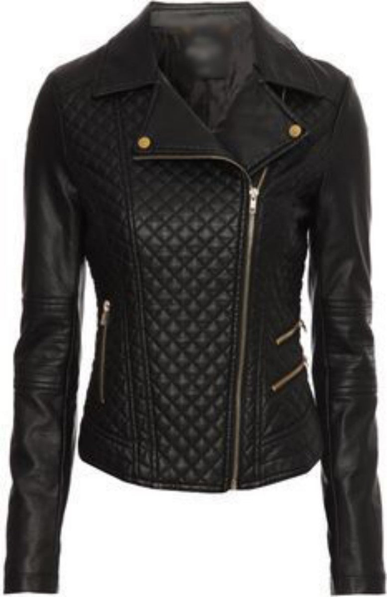 Women Real Lambskin Leather Biker Jacket KW351 featuring high-quality leather, satin lining, and stylish design with multiple pockets.