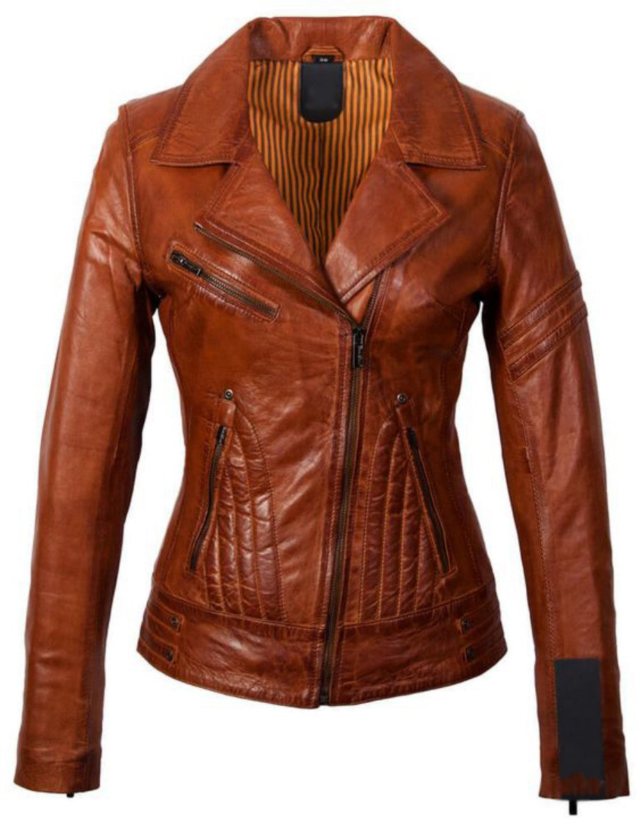 Women Real Lambskin Leather Biker Jacket KW353 featuring high-quality leather, satin lining, and stylish design with pockets.