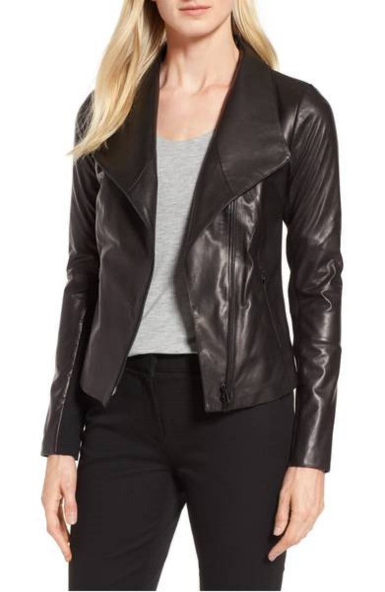 Women Real Lambskin Leather Biker Jacket KW361 featuring high-quality leather, satin lining, and stylish design with pockets.