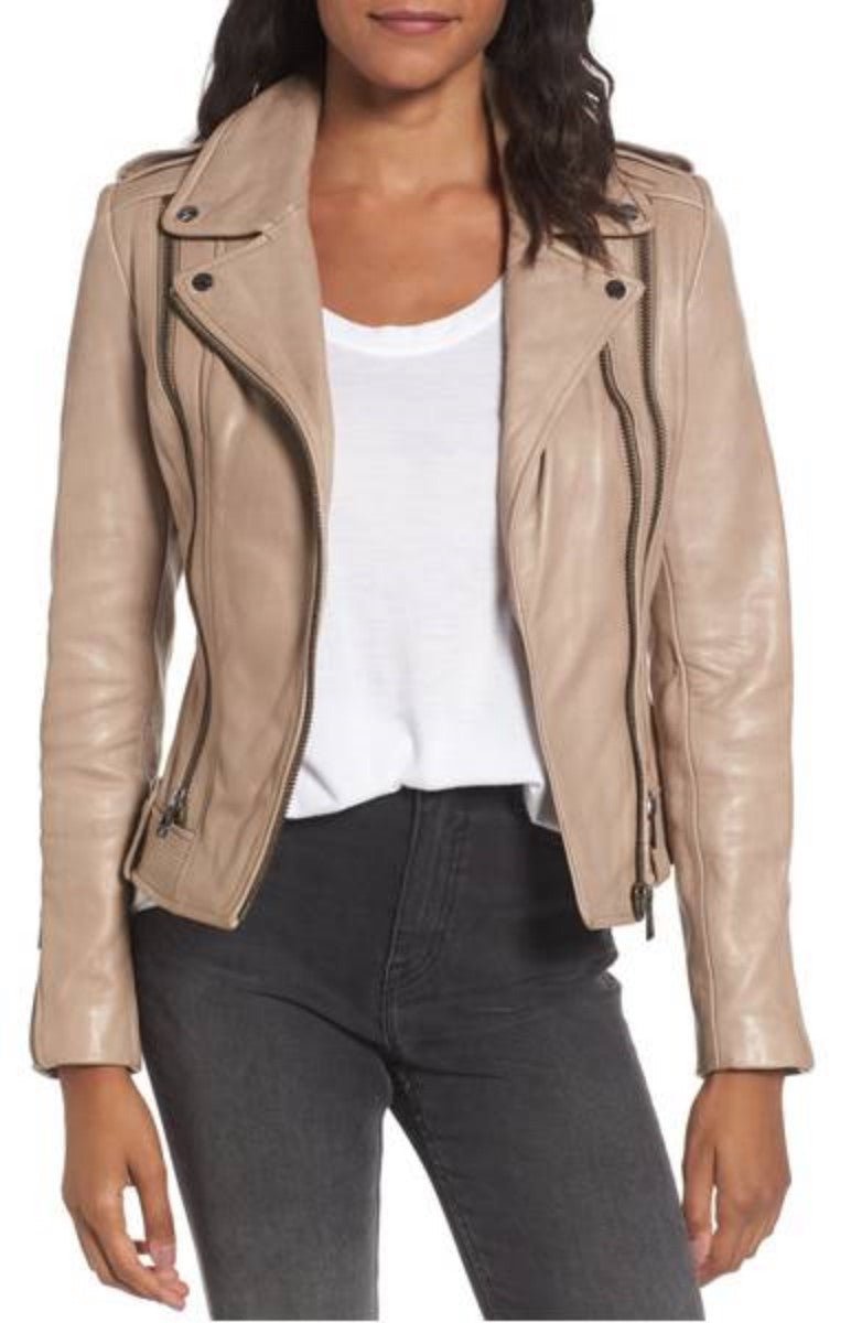 Women Real Lambskin Leather Biker Jacket KW362 featuring high-quality leather, satin lining, and stylish design.