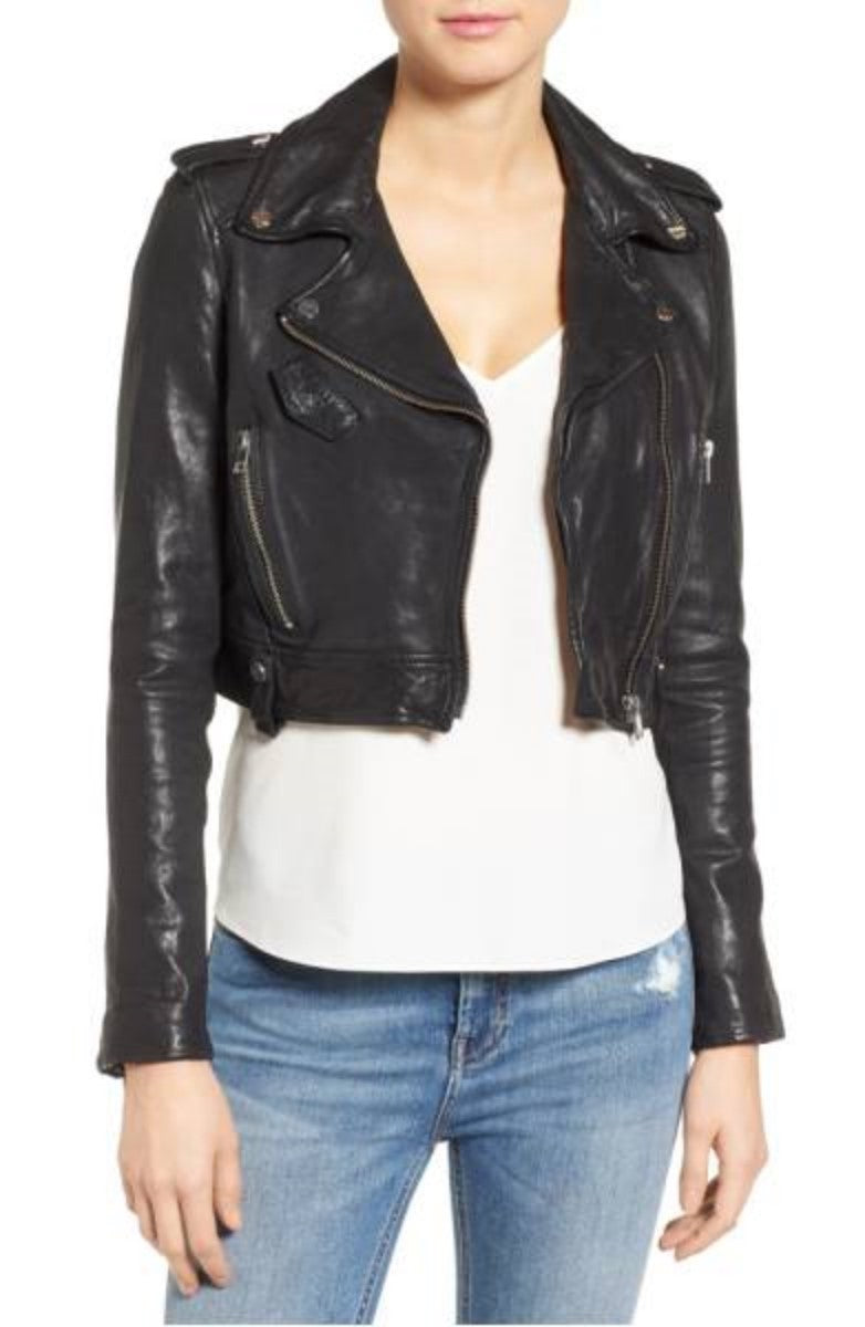 Women Real Lambskin Leather Biker Jacket KW365 featuring high-quality leather, satin lining, and stylish design with multiple pockets.